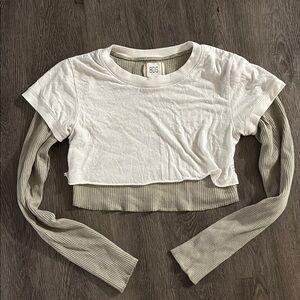 BDG White and Gray Layered Long Sleeve Crop Top